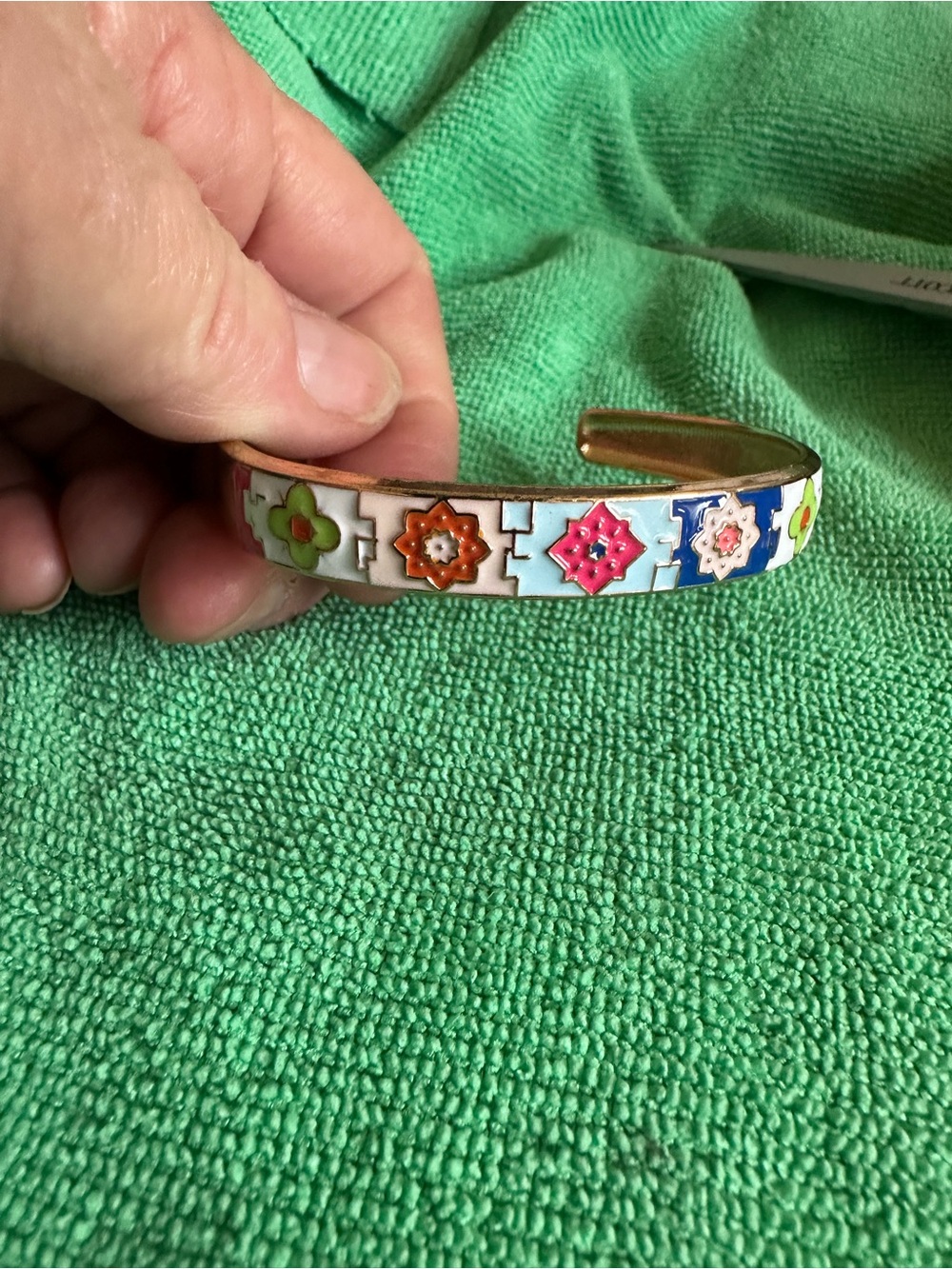 Unk White Enamel Cuff Bracelet with Multicolor Floral Accents